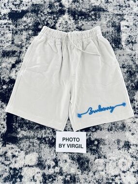 Burberry Cream Drawstring Shorts with Blue Embroidery Detail New Without Tags